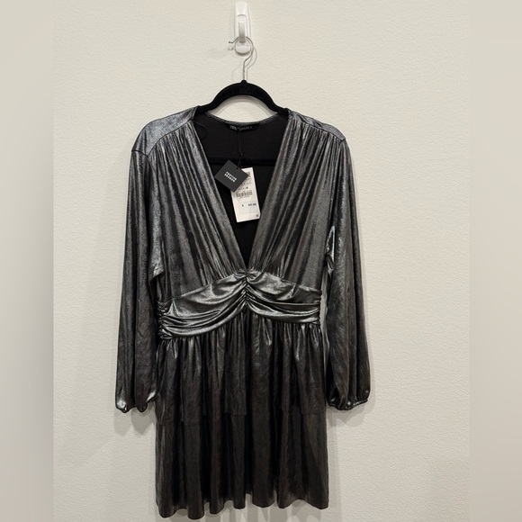 NWT Zara Shimmering Black Long Sleeve Dress - Picture 4 of 6